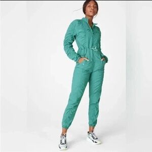 Womens McKenzie Fabletics Nylon Jump Suit Sz S Draw String Teal Green Full Body